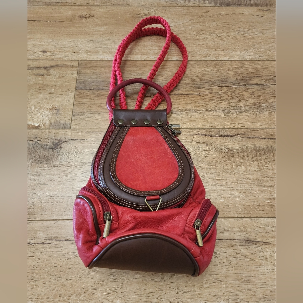 IL GIGLIO Fire Red Brown LEATHER Cross Body BAG & BACKPACK ITALY $300 DIY STRAPS